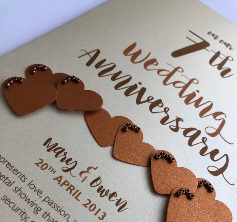 Copper 7th 7 years Wedding Anniversary Card Personalised with names and date image 4