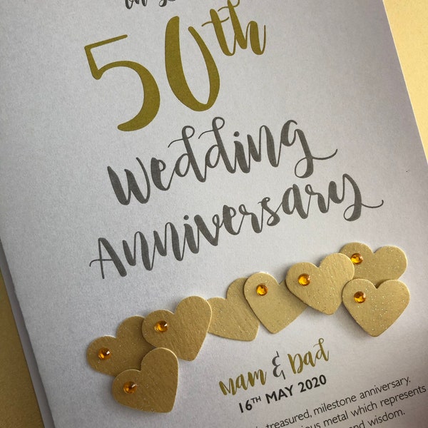 Carte d'anniversaire de mariage dorée (50e) 50 ans - personnalisée avec les noms et la date