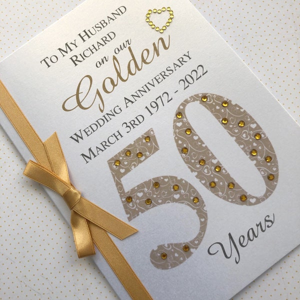Gouden (50e) 50 luxe huwelijksverjaardagskaart - gepersonaliseerd met namen en datum