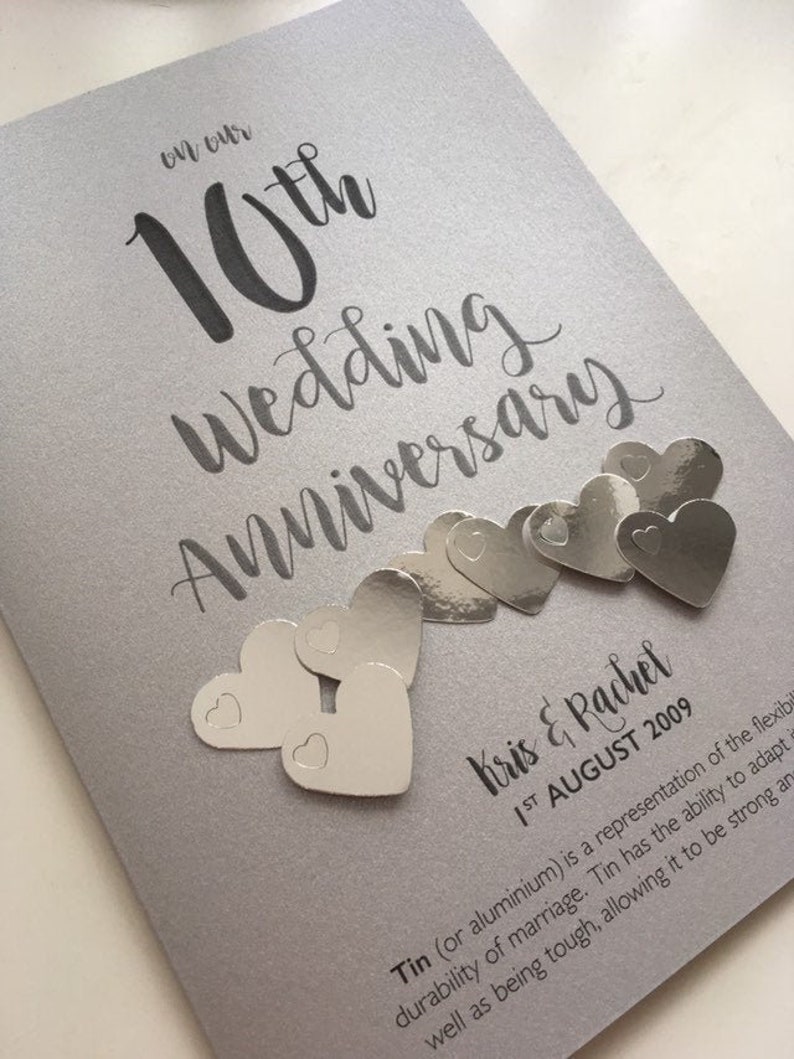 Tin or Aluminium 10th 10 years Wedding Anniversary Card Personalised with names and date image 1