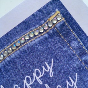 Denim Jeans Pocket Diamanté Birthday Card personalised with name image 3