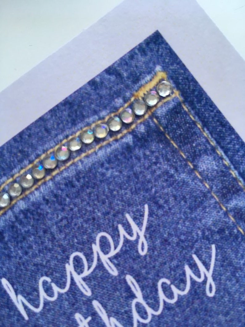 Denim Jeans Pocket Diamanté Birthday Card personalised with name image 3