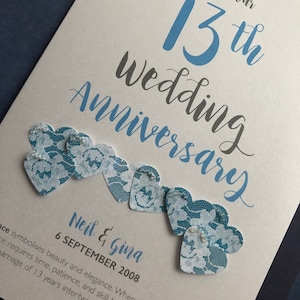 Carte d'anniversaire de mariage (13 ans) en dentelle - personnalisée avec les noms et la date