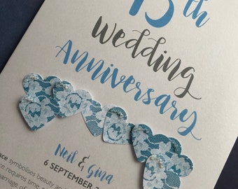 Lace (13th) 13 year Wedding Anniversary Card - Personalised with names and date