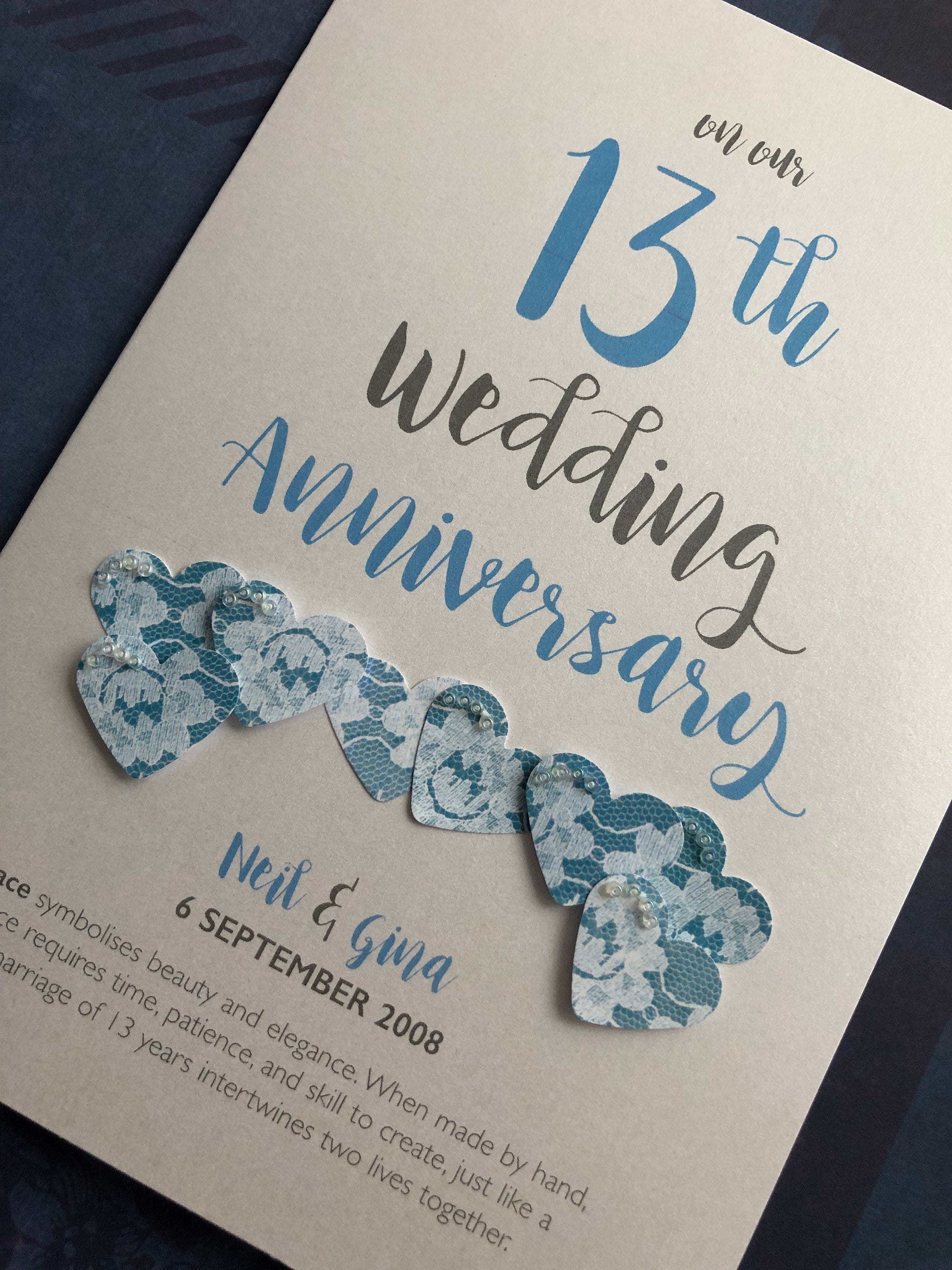 Lace (13th) 13 Year Wedding Anniversary Card Personalised With Names — free download