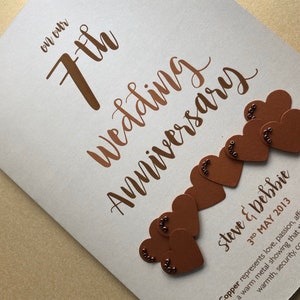 Copper 7th 7 years Wedding Anniversary Card Personalised with names and date image 1