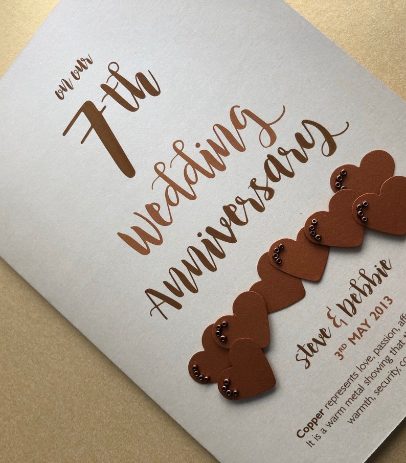 Copper 7th 7 years Wedding Anniversary Card Personalised with names and date image 1