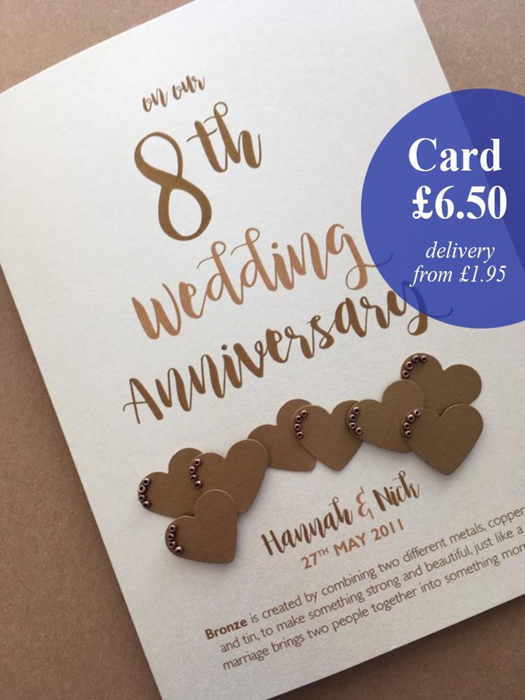 Bronze (8th) 8 Years Wedding Anniversary Card - Personalised With