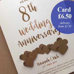 Bronze (8th) 8 years Wedding Anniversary Card - Personalised with names and date