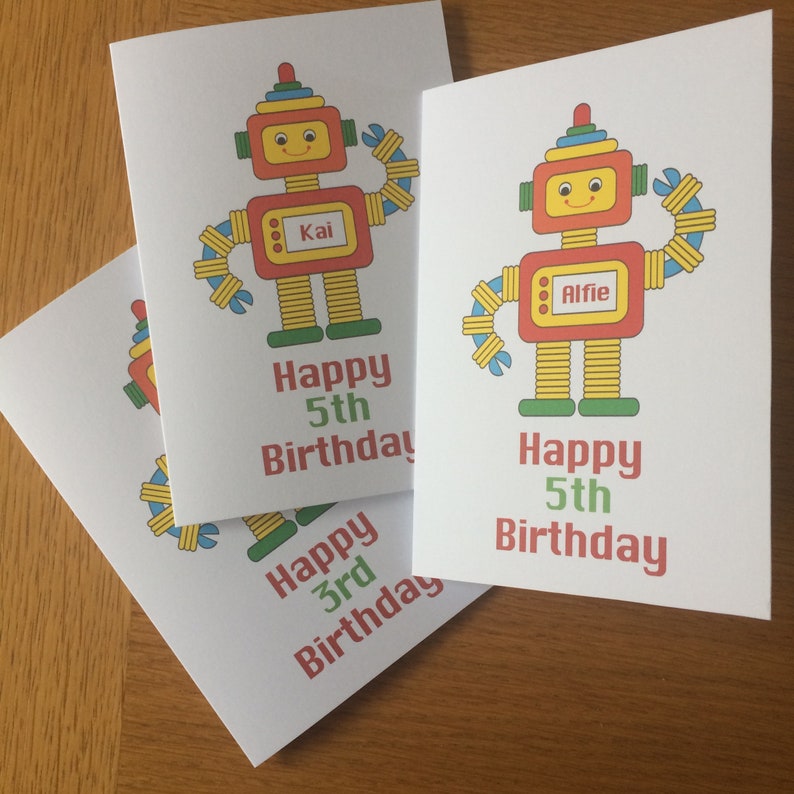 Robot Birthday card for children personalised with name and age image 2