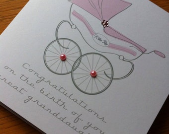 New Baby Congratulations Pram Illustration Card - New Parents or Grandparents