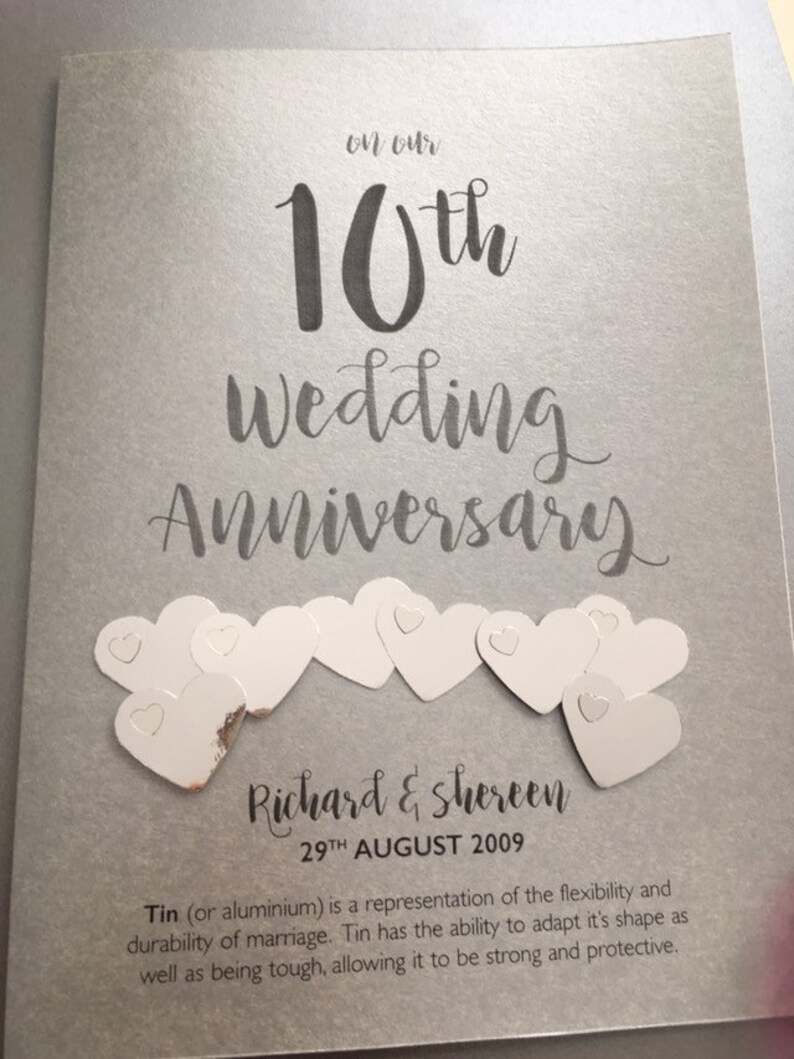 Personalised with names and date Tin Aluminium 10th 10 years Wedding Anniversary Card
