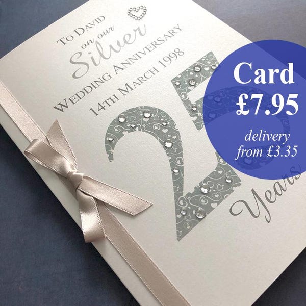 Silver (25th) 25 Luxury Wedding Anniversary Card - Personalised with Names and Date