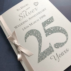 25e carte d'anniversaire de mariage de luxe en argent (25e) - Personnalisée avec les noms et la date
