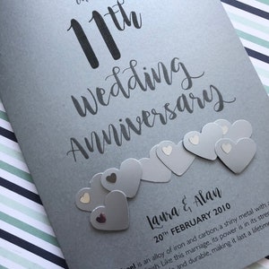 Carte d'anniversaire de mariage 11 ans en acier (11 ans) - Personnalisée avec les noms et la date