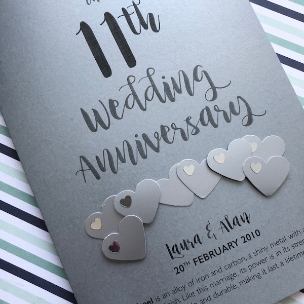 Steel (11th) 11 years Wedding Anniversary Card - Personalised with names and date