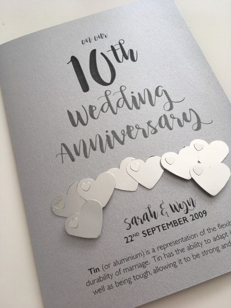 Tin or Aluminium 10th 10 years Wedding Anniversary Card Personalised with names and date image 2