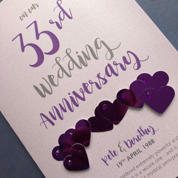 Amethyst (33rd) 33 years Wedding Anniversary Card - Personalised with names and date