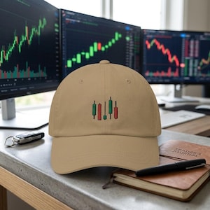 May include: A beige baseball cap with an embroidered design of green and red candlestick patterns, used in stock market analysis. The cap is on a desk with computer monitors displaying stock charts, a notebook, and a pen.