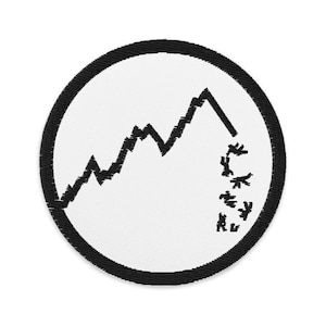 May include: A circular embroidered patch featuring a white background with a thick black border. The design depicts a black line graph that rises to a peak and then drops sharply, with several small, scattered black bird silhouettes below.