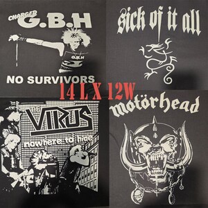 May include: A set of four black fabric patches featuring white screen-printed band graphics and text including Charged G.B.H No Survivors, Sick of It All, The Virus Nowhere to Hide, and Motörhead. The patches measure 14 inches long by 12 inches wide.