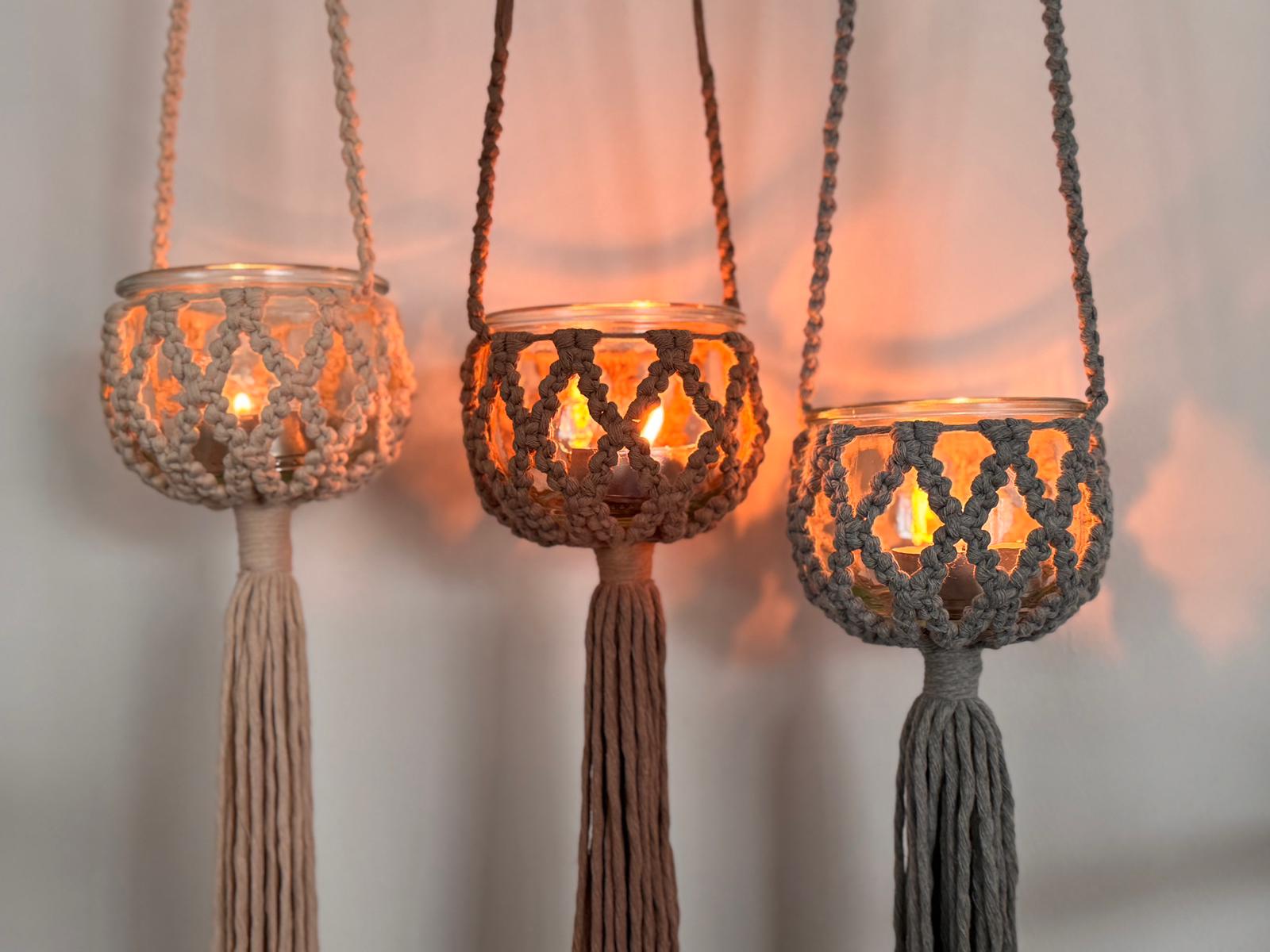 Macrame lantern hanging/ candle/ Knotenpunkt13 / decoration / deco / gift idea / present / boho / hanging lantern / grey / beige / brown