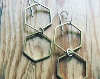 double HEX sterling silver and bronze hexagon dangle earrings