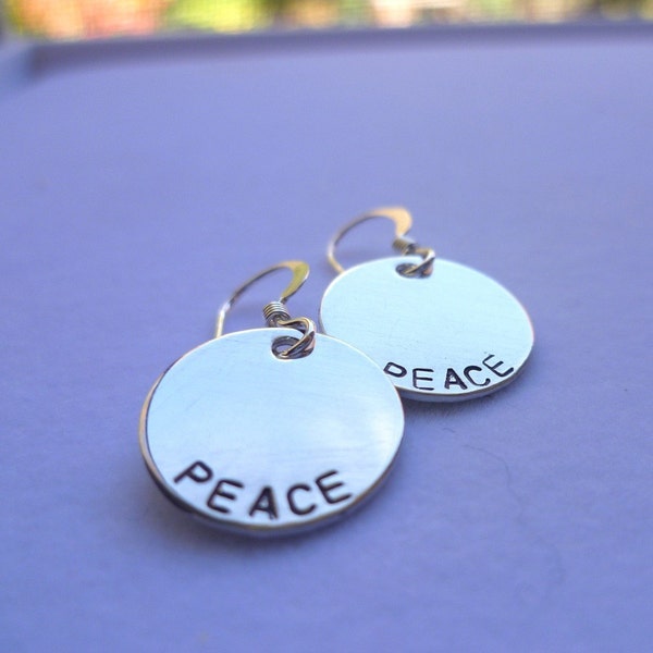 Sterling silver handstamped engraved gift peace earrings