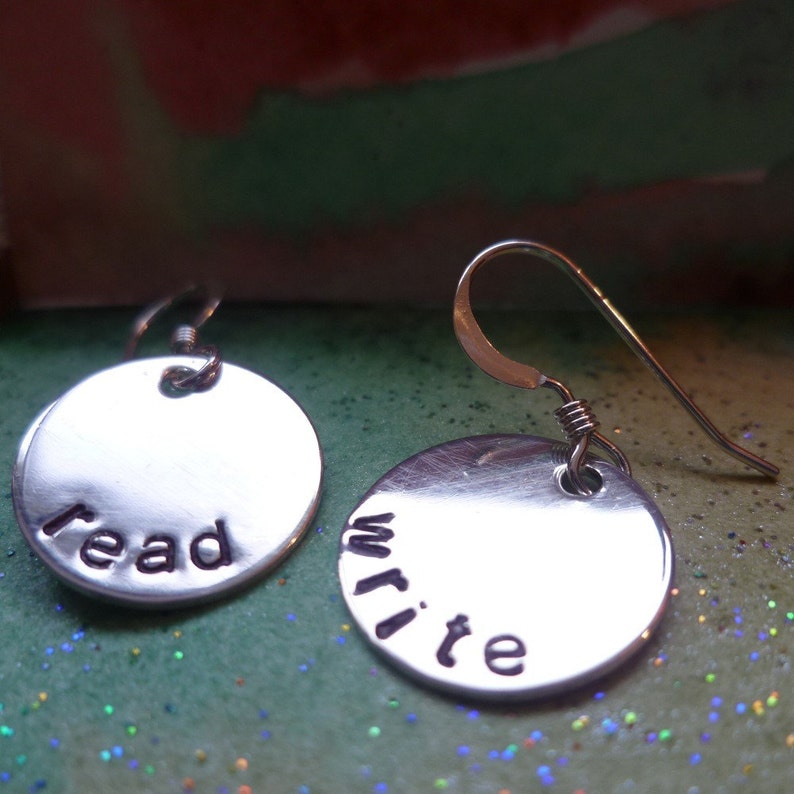 sterling silver read write literacy teacher librarian earrings BIBLIOPHILE image 1