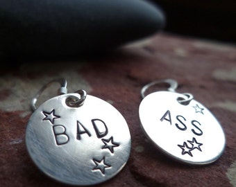 MATURE sterling silver handstamped disc earrings tough sassy sister best friend gift