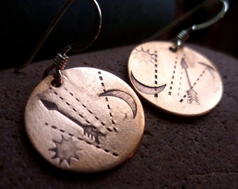 copper disc directions sun arrow moon PATHWAYS earrings lightweight recycled metal