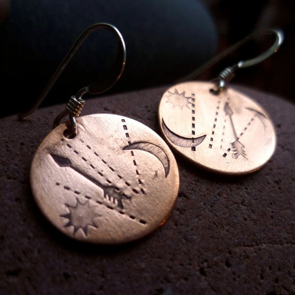 copper disc directions sun arrow moon PATHWAYS earrings lightweight recycled metal