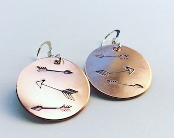 copper disc directions arrow JOURNEY earrings lightweight recycled metal