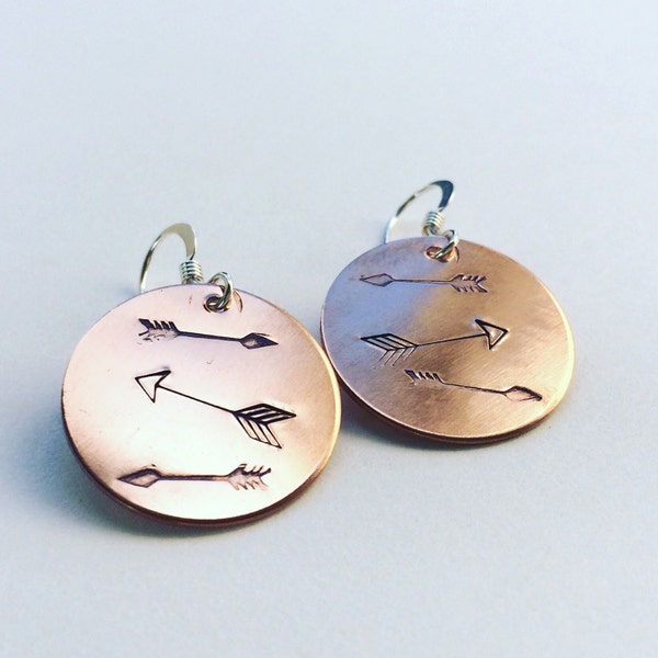 copper disc directions arrow JOURNEY earrings lightweight recycled metal