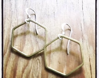 single HEX sterling silver and bronze hexagon dangle earrings