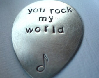 You rock my world custom personalized hand stamped sterling silver guitar pick plectrum music musical gift