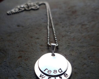 sterling silver necklace handstamped custom personalized read write bibliophile librarian teacher