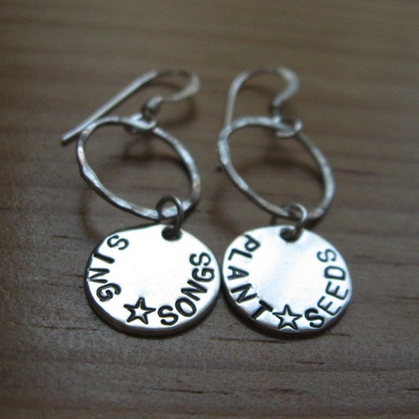 sterling silver hand forged handstamped plant seeds sing songs garden singer earrings rise up singing