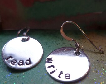 Sterling stamped earrings personalized mom sister read write teacher librarian bookworm reader