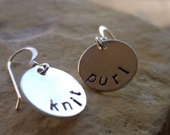 handstamped sterling silver earrings dangle custom knit and purl