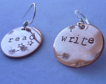 copper read/write handstamped personalized earrings copper.