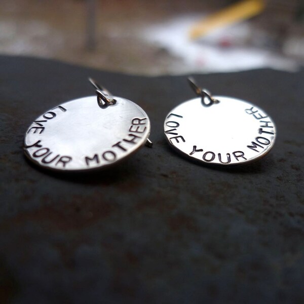 Sterling silver handstamped LOVE YOUR MOTHER earrings recycled