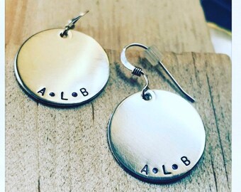 Mother's earrings sterling name children mom grandma hand stamped custom personalized kids engraved with heart.