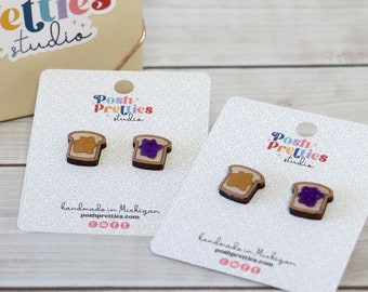 Peanut Butter & Jelly  Earrings, PBJ Stud Earrings, Kawaii Earrings, Glitter Hand Painted Maple Wood and Stainless Steel, Gift for her