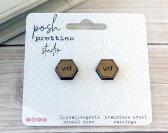 WTF Earrings, Mood Earrings, Walnut Wood Laser Cut, Wood and Stainless Steel, Minimalist Earrings, Nope Not Today, Funny Gift for her
