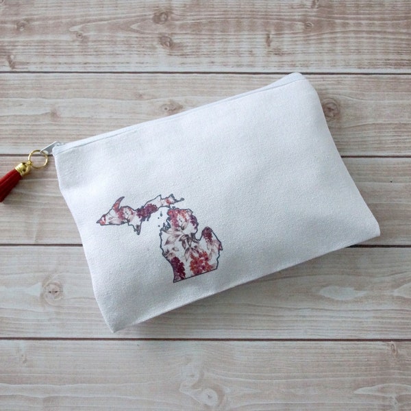 Michigan Autumn Floral Zipper Pouch, White Canvas Pouch, Woodland Cotton Pencil Bag