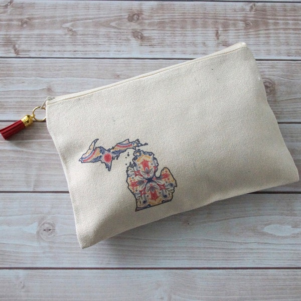 Michigan Floral Boho Zipper Pouch, Off White Canvas Pouch, Woodland Cotton Pencil Bag