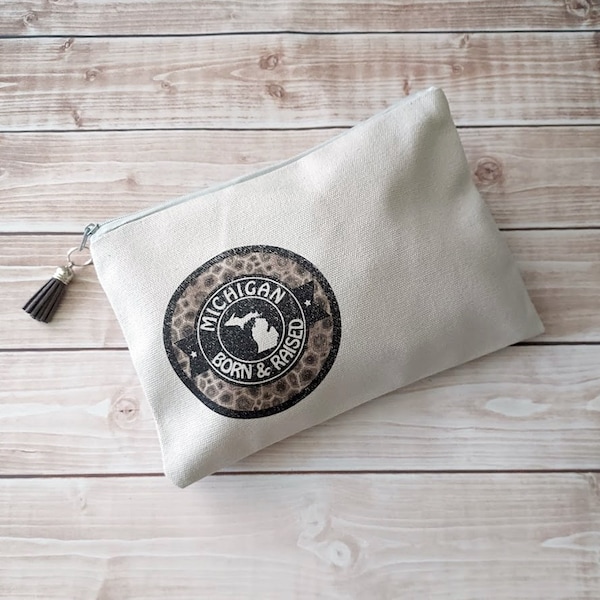 Michigan Petoskey Zipper Pouch, Off White Canvas Pouch, Cotton Pencil Bag