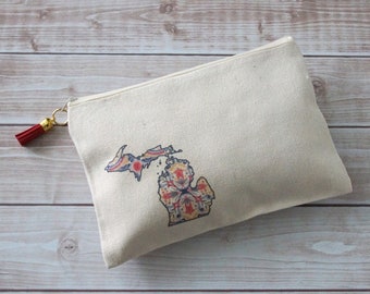 Michigan Floral Boho Zipper Pouch, Off White Canvas Pouch, Woodland Cotton Pencil Bag