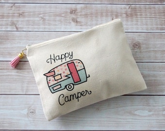 Happy Camper Pouch - RV Gifts - Camping Makeup Bag- Camper Gift - Canvas Zipper Bag